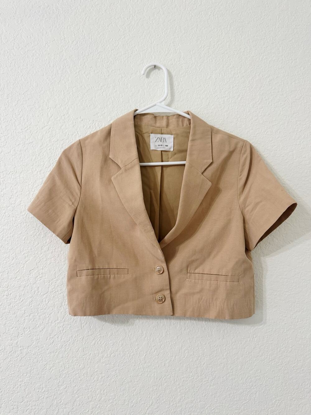 Zara Girls Tan Cropped Short Sleeve Blazer Jacket Size 11/12